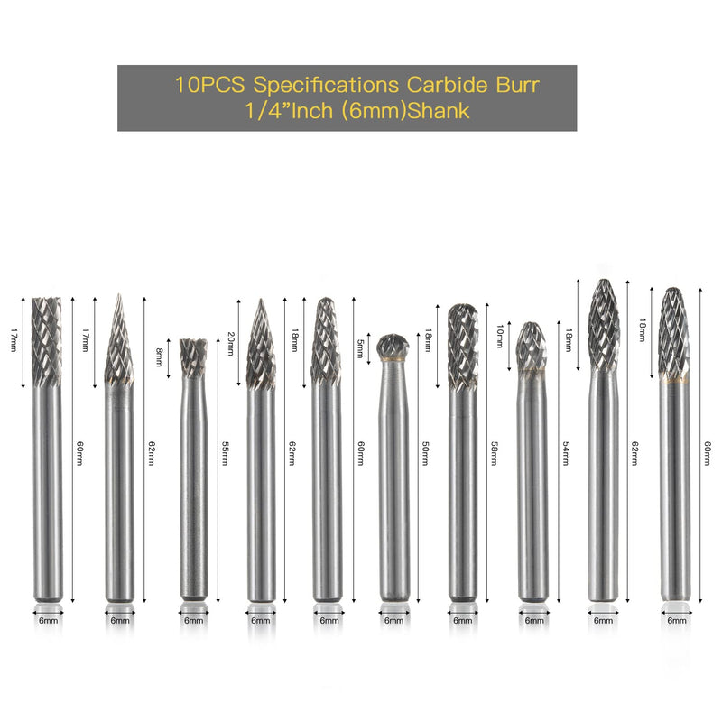 HIDOTOL Carbide Burr Set 10PC 1/4" Shank – 6mm Tungsten Double Cut Carbide Rotary Burr Set for Metal and Wood Carving, Grinding, Polishing, Engraving, Drilling. 10PC 1/4 shank 6mm - BeesActive Australia