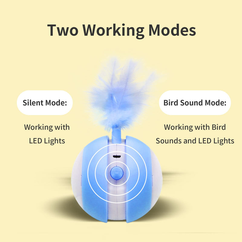 PAKEWAY Interactive Cat Ball Toy with Bird Sound & LED Light, Automatic Irregular 360°Rolling Cat Toy with USB Charging and 2PCS Feathers, Smart Moving Cat Toy Smart Gift for Indoor Kitten Blue - BeesActive Australia