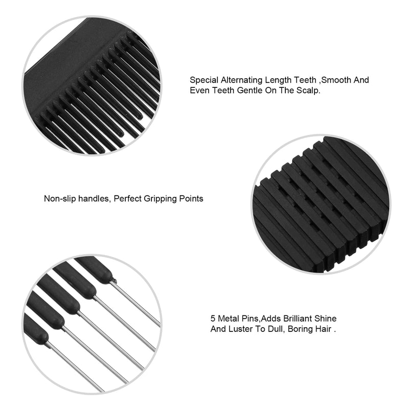 3 Pack Black Carbon Lift Teasing Combs with Metal Prong, Salon Teasing Back Combs, Black Carbon Comb with Stainless Steel Lift (Style A) - BeesActive Australia