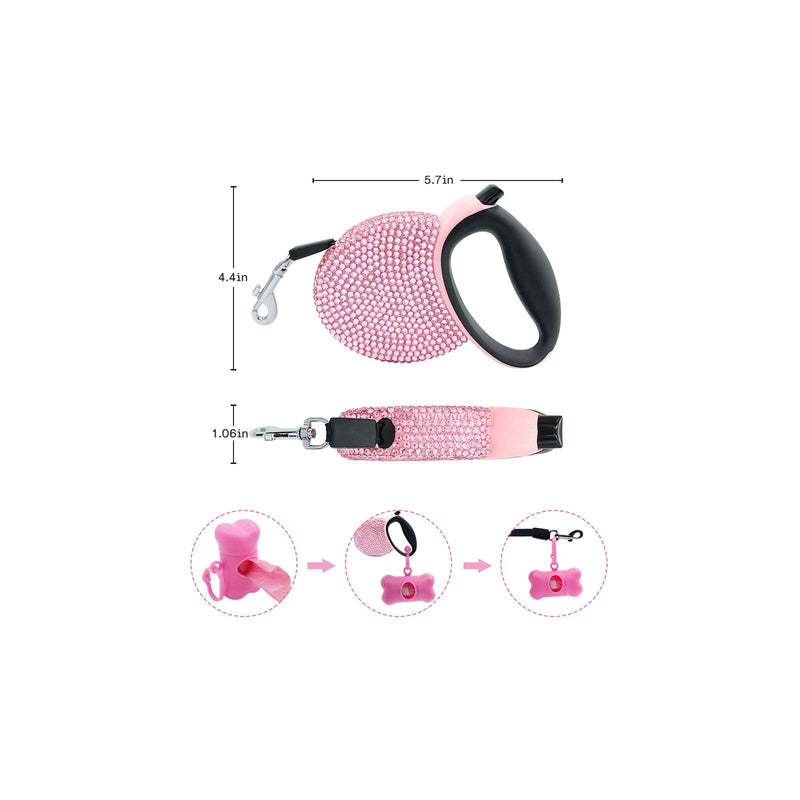 Triumilynn Rhinestone Retractable Dog Leash Bling 10ft, Cat Walking Leash Pink for Small Breed, Gift Waste Bags Dispenser Included, 360° Tangle-Free - BeesActive Australia