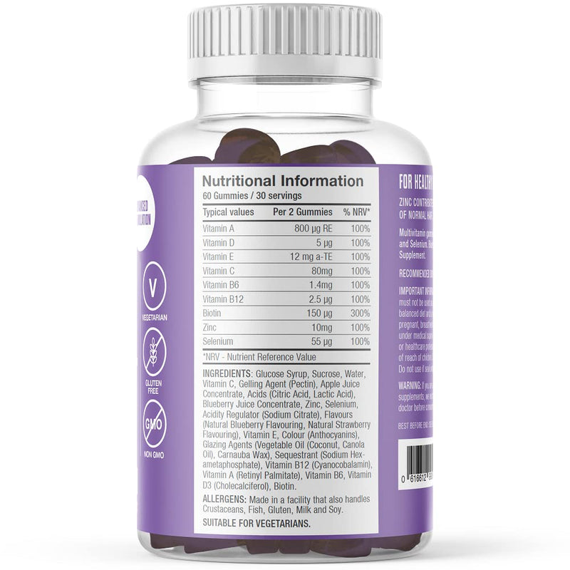 Hair, Skin, & Nails Gummies | Hair Growth & Skin Health Supplement | Biotin Enhanced with Vitamins B6, B12, Zinc, Selenium, E, A, C & D | Skin & Hair Support | 60 Advanced Gummies | Free Soul - BeesActive Australia