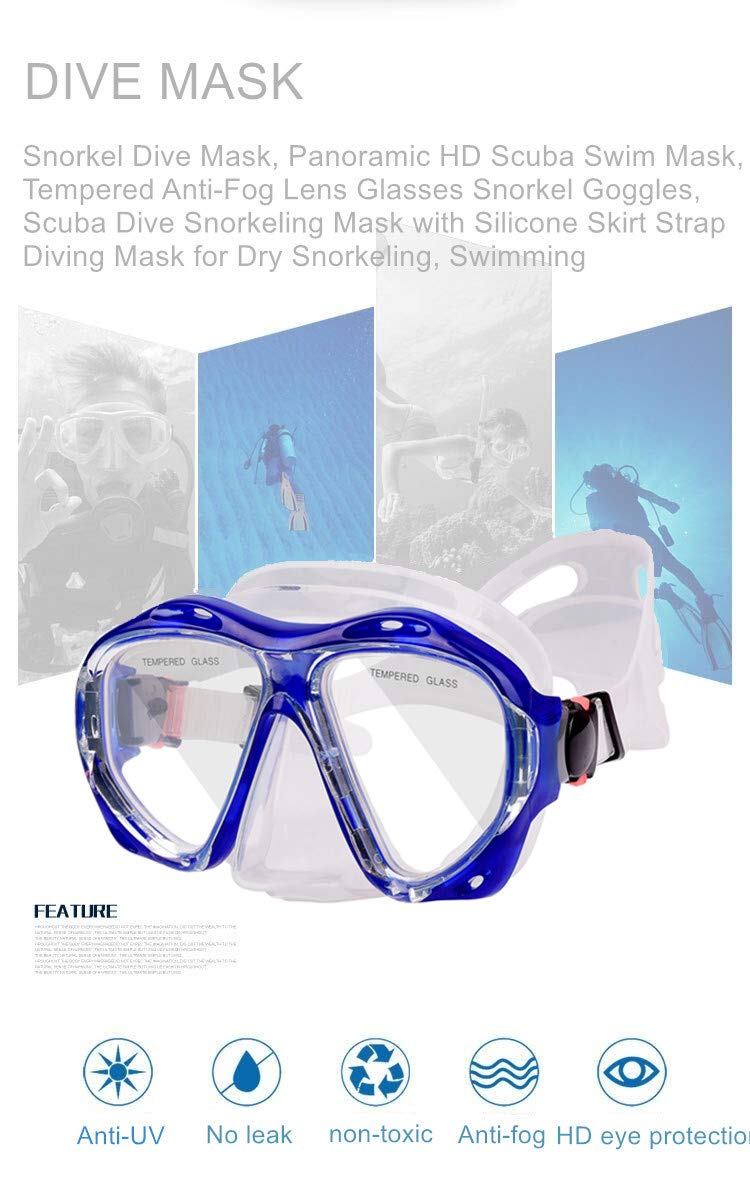 [AUSTRALIA] - EXP VISION Snorkel Diving Mask, Panoramic HD Scuba Swim Mask, Tempered Anti-Fog Lens Glasses Snorkel Goggles, Scuba Dive Snorkel Mask with Silicone Skirt Strap for Dry Snorkeling, Swimming Clear Blue 