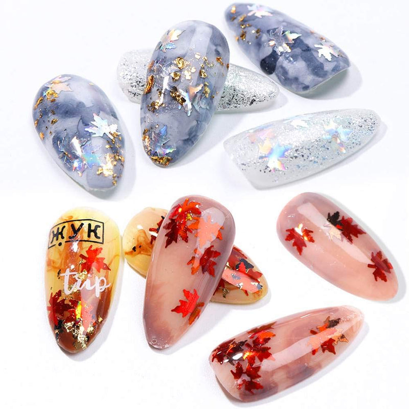 BiBiSi Fall Nail Art Stickers Decals Leaf Glitter Maple Fall Nail Art Sequins Supply Manicure Tips Accessories 12 Colors Autumn Gradient Maple Leaf Holographic Nail Sequins Acrylic Nail Art Supplies 12 Grid Laser Gradient - BeesActive Australia