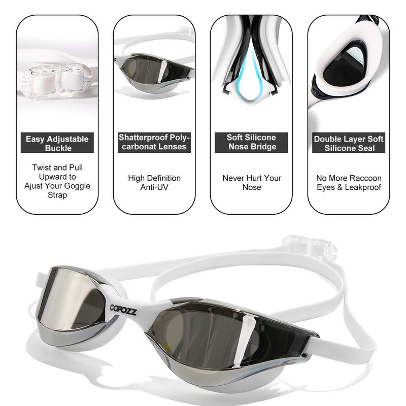 COPOZZ Swimming Goggles, No Leaking Swim Goggles for Adult Men Women Youth, Anti Fog UV Protection Triathlon Racing Goggles with Mirrored/Clear Lens - BeesActive Australia