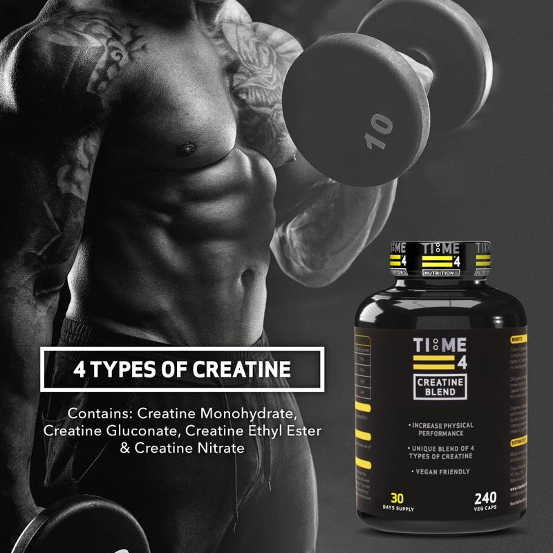 Time 4 Creatine Blend - 240 Creatine Capsules Not Creatine Tablets, 30 Day Supply, Unique Blend Of 4 Types Of Creatine, 6000mg Per Daily Serving Improve Muscle Strength Vegan Friendly & Gluten Free - BeesActive Australia