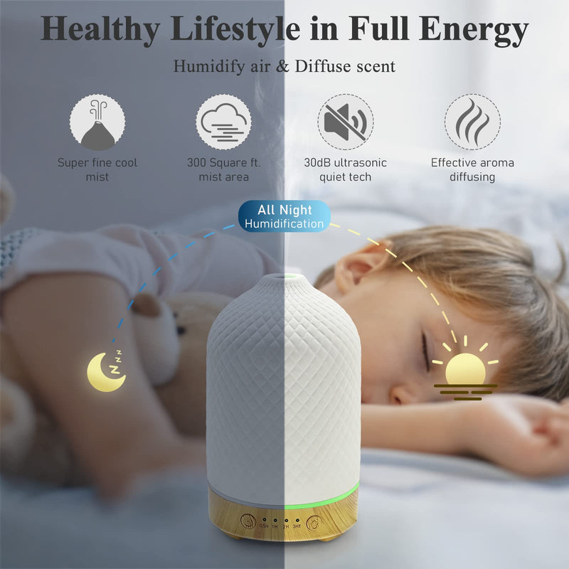 Essential Oil Diffuser Aromatherapy Air Cool Mist Diffuser 100ml Ceramic Aroma Scent Diffusers Humidifier with Auto Shut Off Ultrasonic Quiet/4 Timing Set/7 LED Lights for Home Office Sleep Lattice Wood - BeesActive Australia