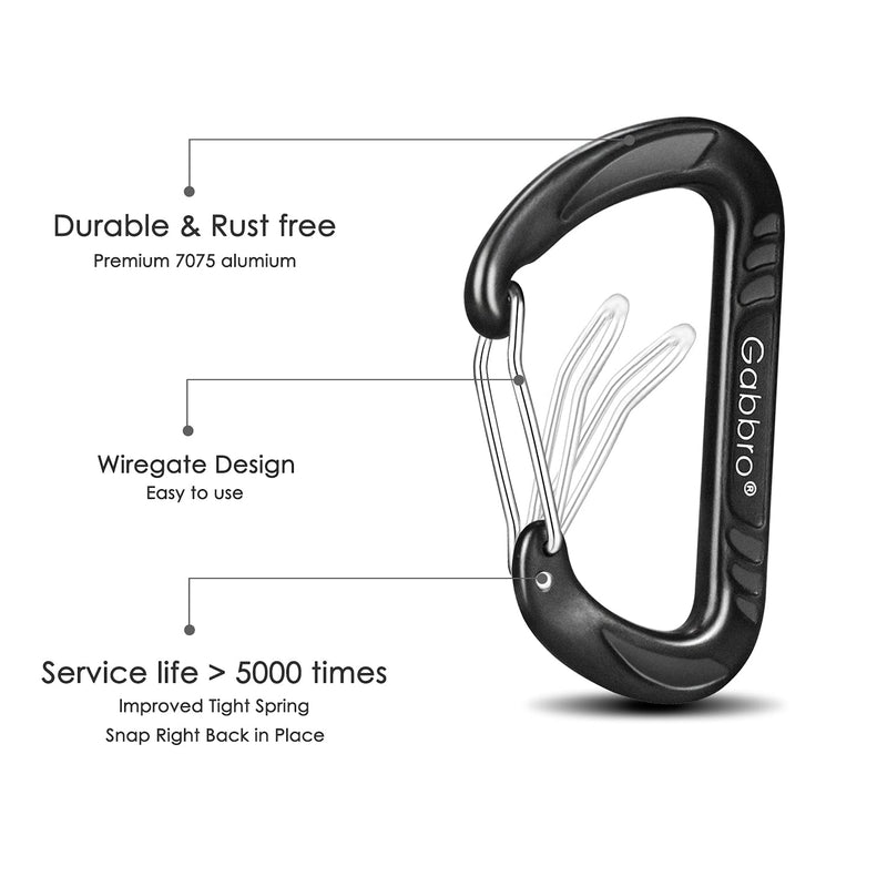 GABBRO Carabiner Clip Heavy Duty, 4 Pack 12Kn (2697 lbs) Heavy Duty Keychain Aluminum Wiregate Caribeaners for Keys, Hammock, Hiking, Dog Leash Black - BeesActive Australia