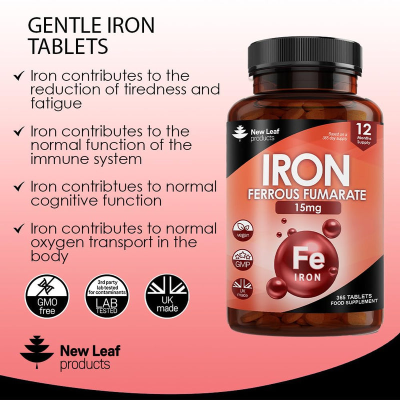 Gentle Iron Tablets 15mg High Strength (1 Year Supply) Ferrous Fumarate Iron - Vegan Iron Supplements for Men & Women Health - Reduction in Tiredness and Fatigue, Supports Immune Health & Energy - BeesActive Australia