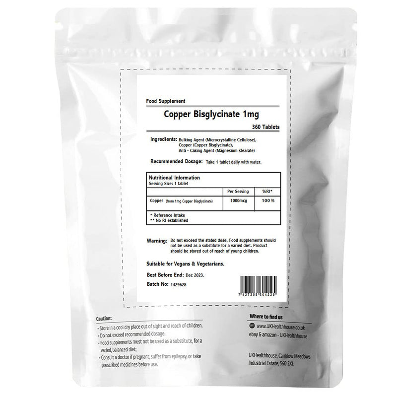 Copper Bisglycinate 1mg - 360 Tablets 1,000mcg Mineral Supplement Immune Support, Bioavailable Chelated Form, Pure Pills, General Health & Well Being - BeesActive Australia