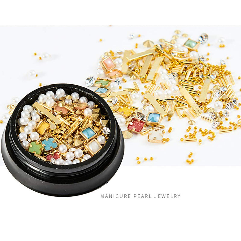 SILPECWEE 6 Boxes 3D Mix-shape Metal Nail Studs Big Gem Pearls Nail Art Rhinestone Nail Rivet Set Nail Jewels Decoration With 1Pc Tweezers And Picker Pencil NO1 - BeesActive Australia