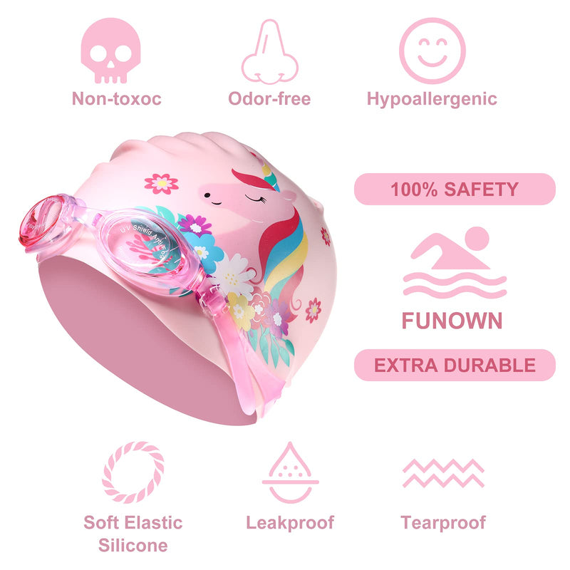 4 Pieces Swim Cap Kids Unicorn Silicone Waterproof Age 2-12 Cute Swim Caps with Goggles for Long and Short Hair Kids Children Boys Girls Toddler at Beach Pool Fun Lessons - BeesActive Australia