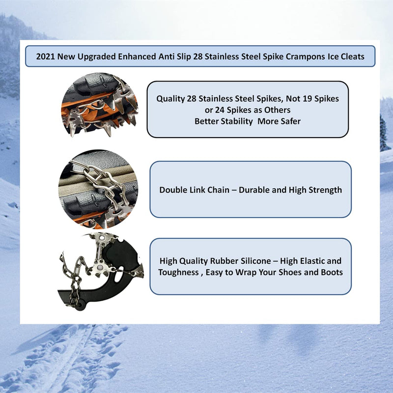 Crampons Upgrade 28 Stainless Steel Spikes, Ice Cleats Traction Snow Grips for Shoes and Boots Men Women Anti Slip Spikes for Hiking Walking Climbing Mountaineering Ice Fishing X-Large - BeesActive Australia