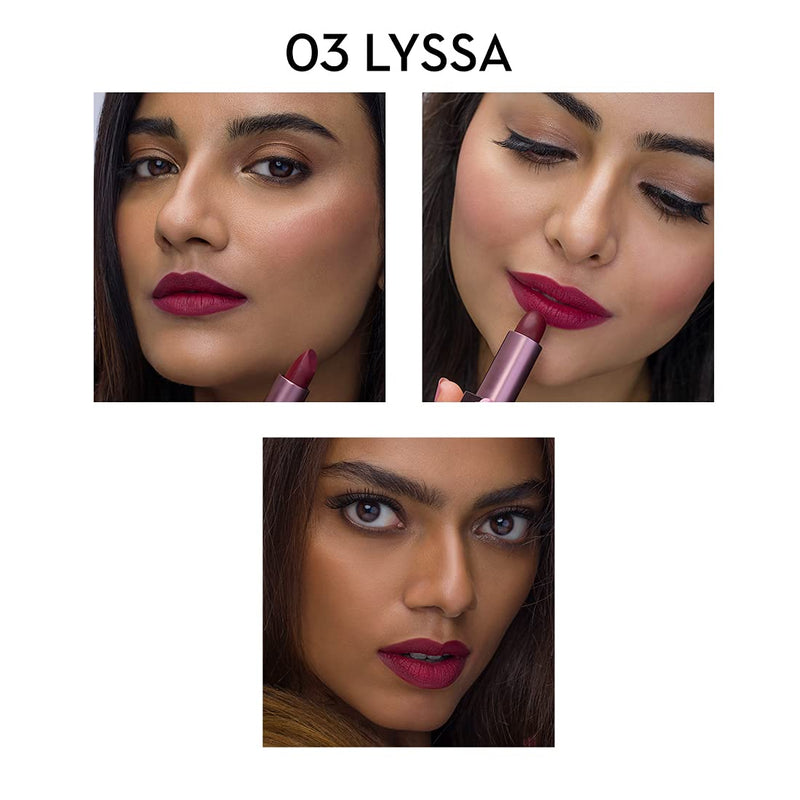 SUGAR Cosmetics Mettle Matte Lipstick, Superior Pigmentation, Ultra-Light Smooth Silky Lips - 03 Lyssa (Deep Burgundy Red) - BeesActive Australia