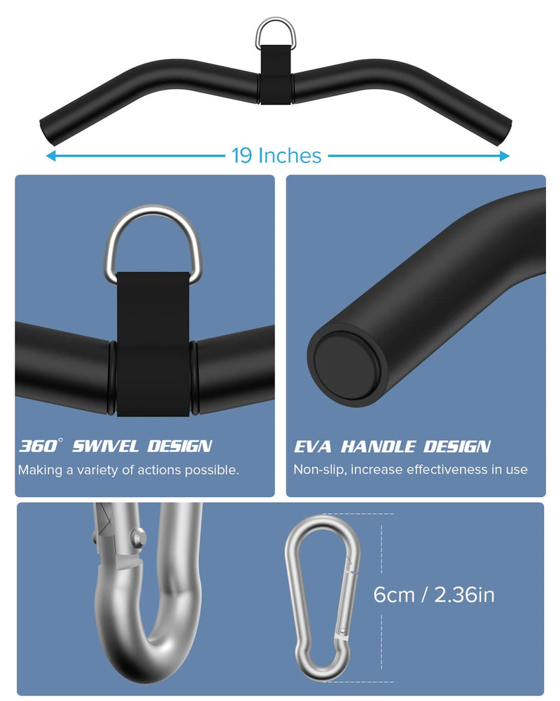 LAT Pulldown Attachments, Black Steel LAT Bar Cable Attachments Handles, Home Gym Cable Machine Accessories, Tricep Rope, Rowing LAT Pull Down Bar, Straight Bar, Double D Handles, Exercise Handles 19in W Bar+Snap Hooks - BeesActive Australia