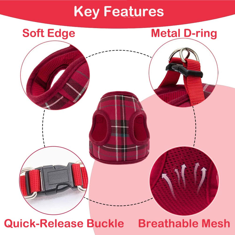 PUPTECK Soft Mesh Small Dog Harness with Leash - Basic Plaid Padded Step-in Chest Vest for Kitties, Puppy, Small Pets Medium(Chest:16"-20") Red - BeesActive Australia