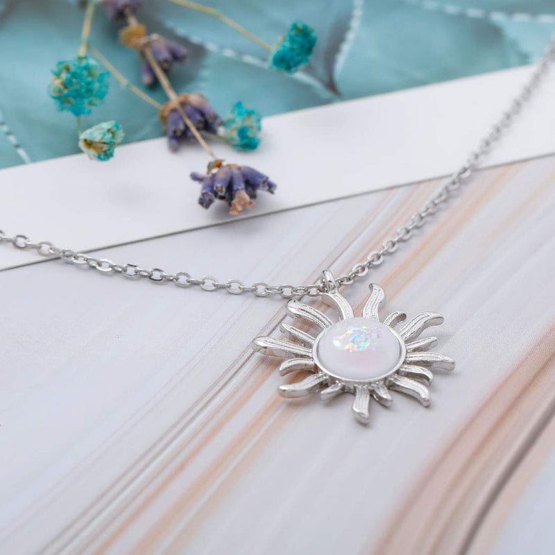 Jovono Boho Fashion Sun Flower Necklaces Opal Pendant Necklace Chain Jewelry for Women and Girls (Silver) Silver - BeesActive Australia