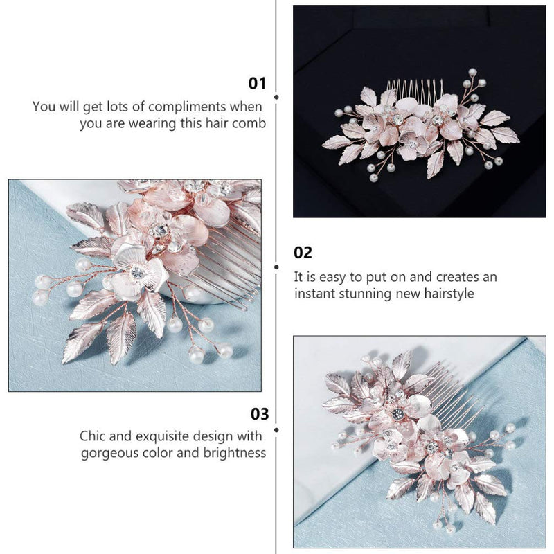 Minkissy Wedding Hair Comb, 2pc Elegant Crystal Flower Shape Side Combs Headpiece with Pearl for Women (Rose Gold) - BeesActive Australia