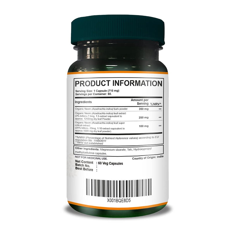 Pure Nutrition Neem Capsules 700mg. (Equivalent to 2600mg Neem Leaf Powder and Bark Powder) Non GMO | Once Daily | 60 Days Supply. 0.7 g (Pack of 1) - BeesActive Australia