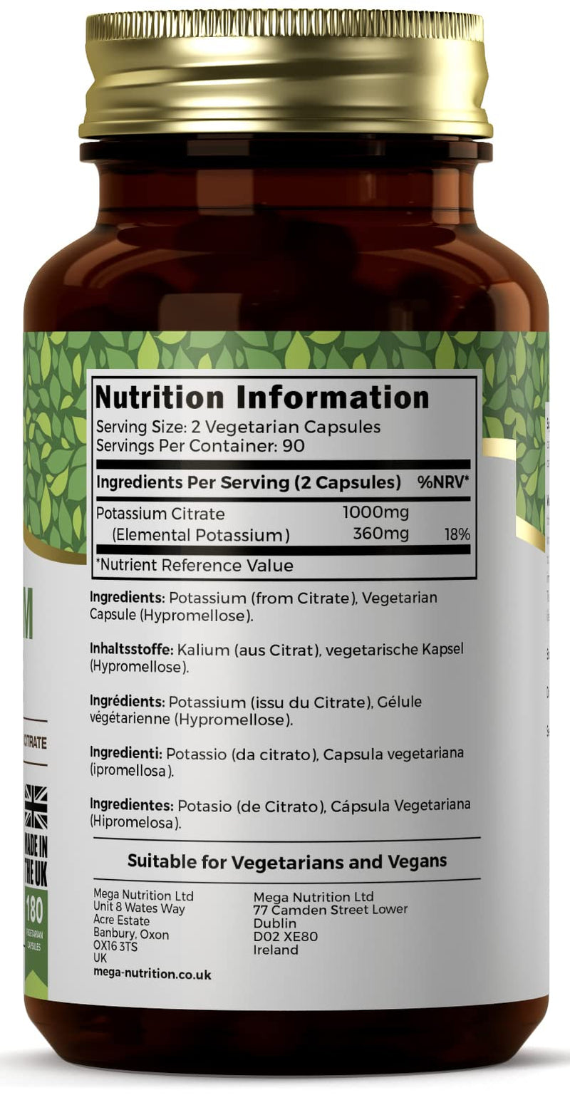 Ezyleaf Potassium Citrate | 180 High Strength Potassium Capsules - 1000mg Potassium Citrate per Serving | Potassium Supplements | Clean, No Fillers Formula | Vegan, Non-GMO Gluten & Allergen Free | UK - BeesActive Australia