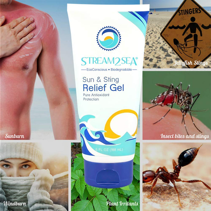 Stream2Sea After Sun & Sting Relief Gel - All-In-One Relief for Sensitive Skin & Sunburn, Sting & Bug Bites Natural & Aloe Vera, Green Tea (6 Fl Oz) 6 Fl Oz - BeesActive Australia