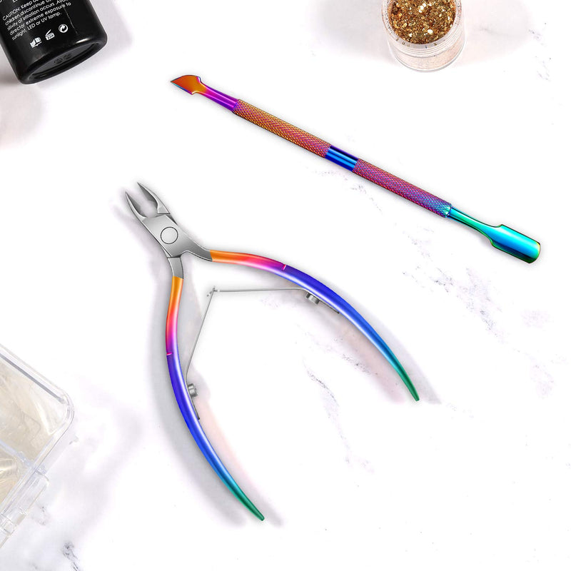 Cuticle Trimmer with Cuticle Pusher, Easkep Cuticle Remover Cuticle Nipper Professional Stainless Steel Cuticle Cutter Clipper Durable Pedicure Manicure Tools for Fingernails and Toenails (Rainbow) Rainbow - BeesActive Australia