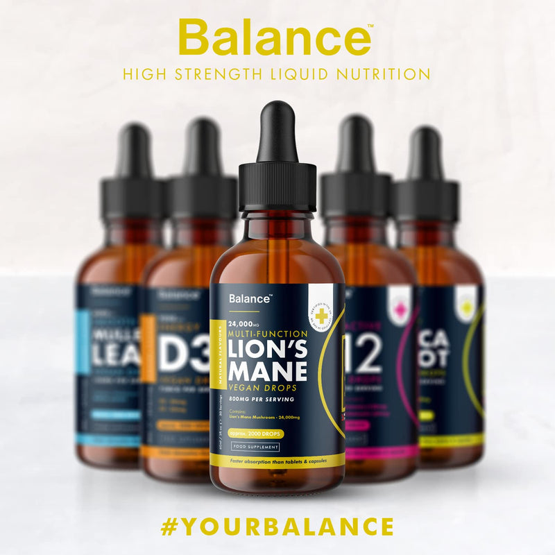 Lion's Mane Liquid Drops - High Strength 800mg - Vegan - 1 Month Supply - 30 Servings - 24,000mg per 60ml Dropper Bottle - Premium Lions Mane Extract for Fast Absorption - Made in UK by Balance - BeesActive Australia