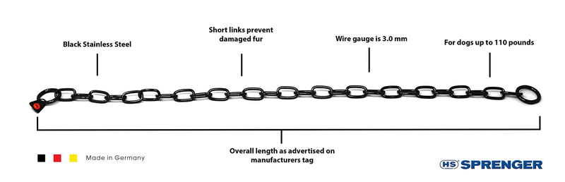 Herm Sprenger Black Stainless Steel Short Link Fur Saver Dog Training Collar No-Pull Slip Chain for Small Medium Large Dogs for Easy Control Made in Germany 24in (61cm) x 3mm - BeesActive Australia
