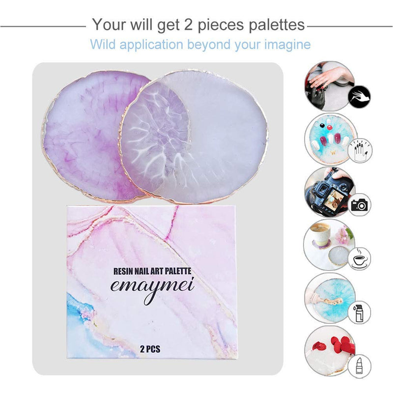 EMAYMEI Nail Art Design Palette - 2 Pieces Resin Nail Polish Mixing Plate, with Gold Edge, Great for Nail Artist, Place the Nail Clip and Daily Use (White&Purple) - BeesActive Australia