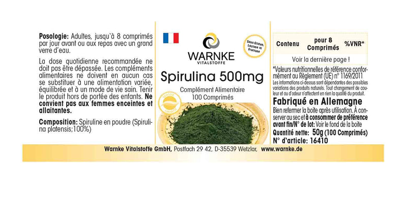 Healthy Products Spirulina, 500�mg, Spirulina Algae Powder, Chlorophyll 100�Tablets, Pure Powder No Additives, Vegi 31�g Pack of 1 | Warnke Vitalstoffe - BeesActive Australia