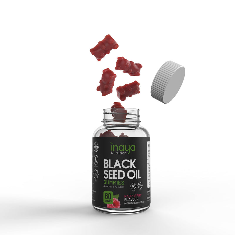 Inaya Nutrition Black Seed Oil Gummies | Natural Raspberry Flavour | Vegan | Contains 2% Thymoquinone from Nigella Sativa Seeds | 60 Gummies | Supports Immune System, Weight Loss, Joints, Hair & Skin - BeesActive Australia