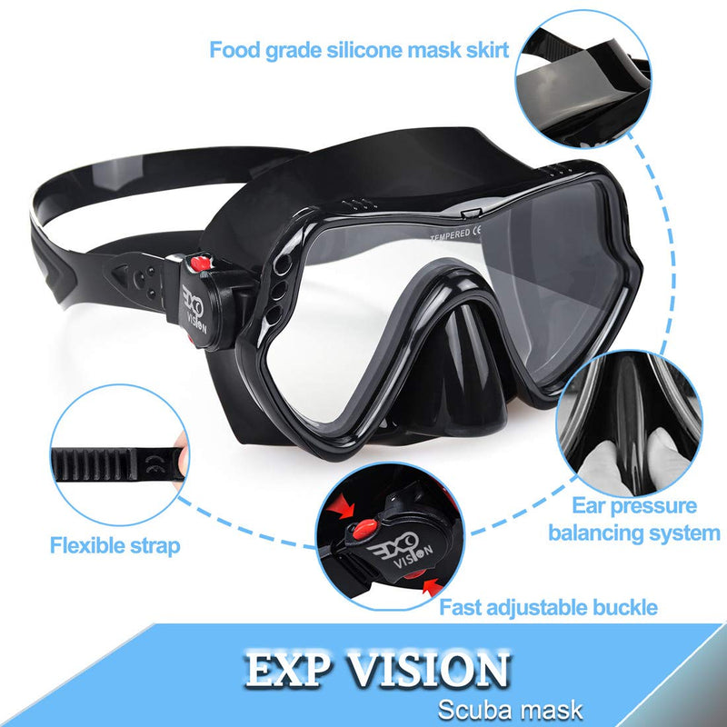 [AUSTRALIA] - EXP VISION Snorkel Diving Mask, Professional Snorkeling Mask Gear, Ultra Clear Lens with Wide View Tempered Glass Goggles,Anti Leakage Scuba Mask, Silicone Swimming Goggles Mask for Adults, 3 Color black 