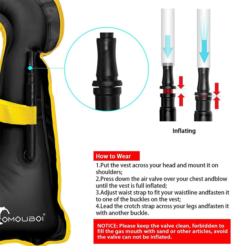 OMOUBOI Snorkel Vest for Adults Swim Vests Inflatable Snorkeling Jackets for Diving, Snorkeling, Swimming Safety (Suitable for 100-220 lbs) Black - BeesActive Australia