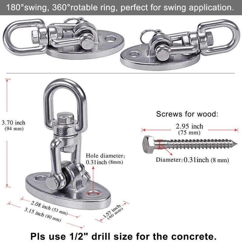 SELEWARE Swing Hangers Permanent Antirust SUS304 Stainless Steel Heavy Duty 360° Swivel Swing Set Brackets, 2000 lb Capacity Playground Porch Swing Set Chair Yoga Hammock Rope Tire Pod (2 Pack) - BeesActive Australia
