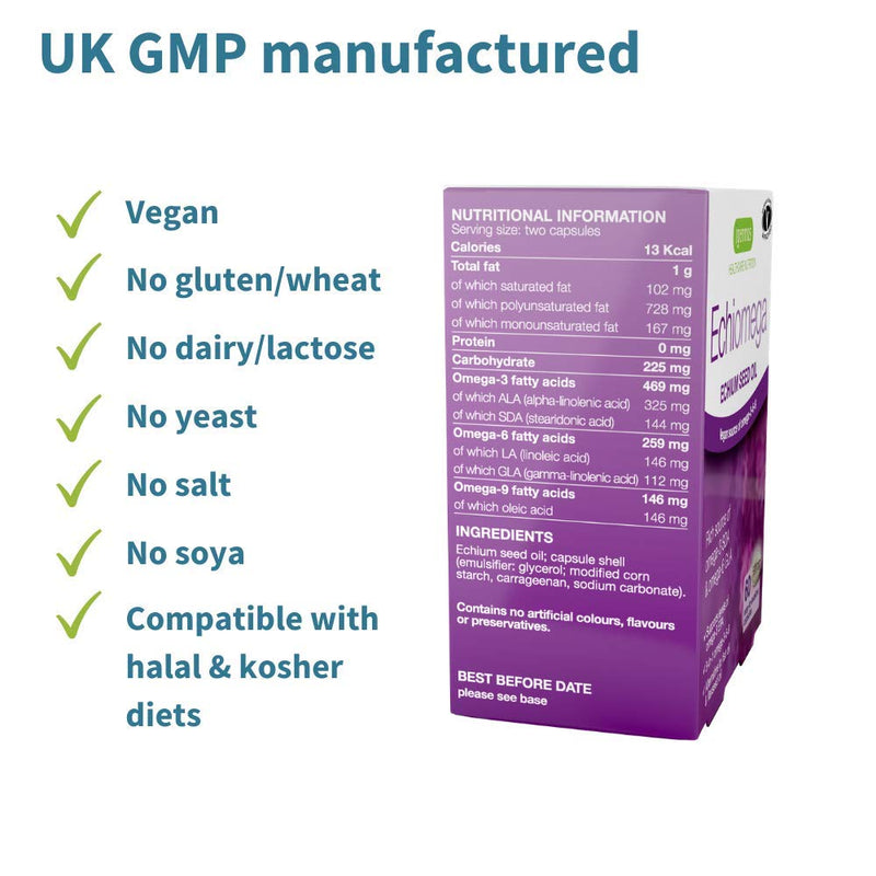 Echiomega Vegan Omega 3-6-9, Plant Based Echium Seed Oil, Ideal 2:1 ratio Omega-3 to Omega-6 GLA, Women’s Health, 60 Small Softgels, by Igennus - BeesActive Australia