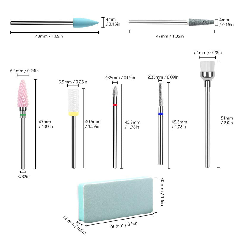 7 Pcs 3/32" Professional Carbide Diamond Ceramic Nail Drill Bits Set with 2 Nail File Buffer Polishing Sanding Blocks for Acrylic Gel Nails Cuticle Manicure Pedicure, Fit for Most Nail Drill Machine - BeesActive Australia