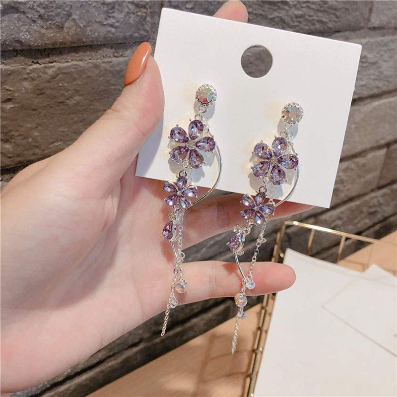 Xerling Crystal Wedding Flower Drop Earrings Long Purple Flower Tassel Earrings Rhinestones Dangle Stud Earrings for Women Teen Girls - BeesActive Australia