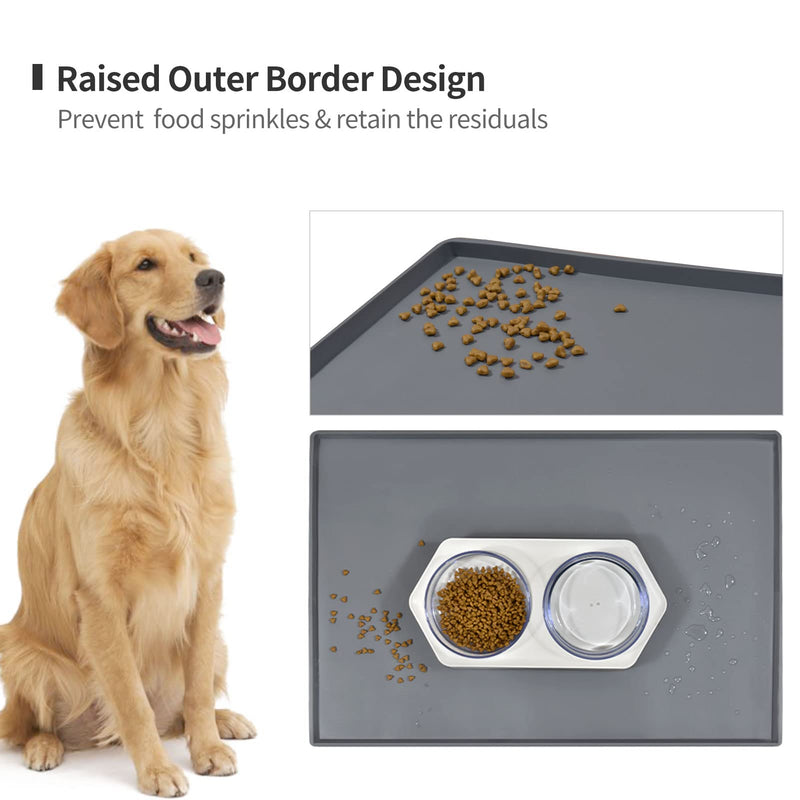 EIOKIT Dog Food Mat,Silicone Waterproof Dog Cat Food Tray,Non Slip Pet Bowl Mats Placemat,Size:(18.5" x 11.5") 0.6",(24" x 16") 0.6",(28" x 18") 0.8",(32" x 24") 1" Raised Edge 18.5" x 11.5" Grey - BeesActive Australia