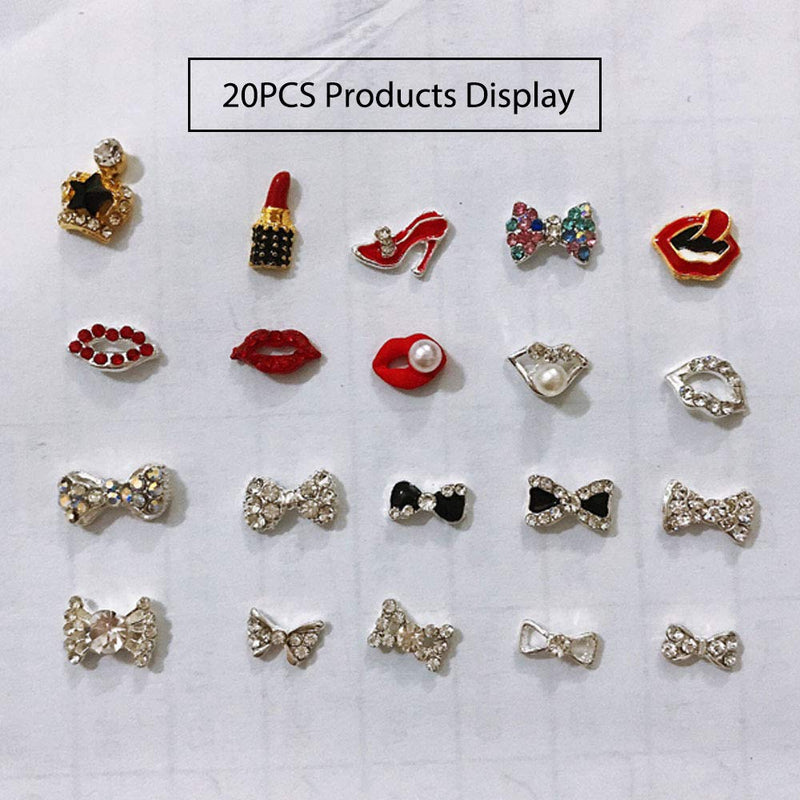 Lookathot 20PCS Mixed Styles 3D Nail Art Decals Metallic Gold Silver Studs Rhinestones Diamonds Pearls Drills Alloy Bow Red Lips Manicure DIY Decoration Tools - BeesActive Australia