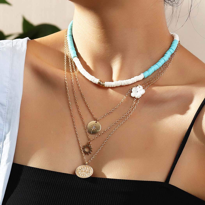 Sakytal Boho Layered Necklace Gold Coin Pendant Necklaces Handmade Flower Necklace Chain Jewelry Dainty Accessory for Women and Girls - BeesActive Australia