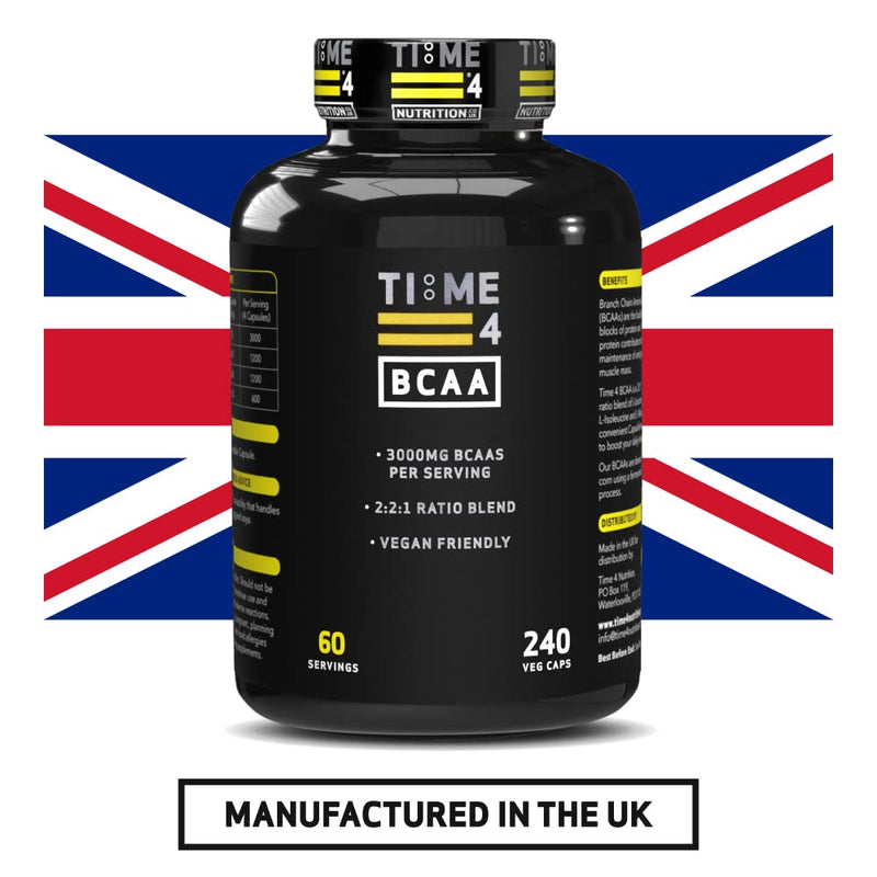 Time 4 BCAA - 240 Capsules High Strength Branch Chain Amino Acids Made By Fermentation Process for Muscle Growth, Tissue Repairing, & Energy Production Vegan BCAA Capsules Not BCAA Amino Acids Tablets - BeesActive Australia