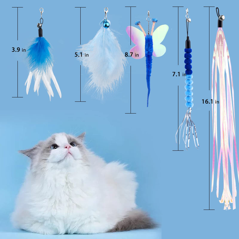 Cat Wand Toy for Indoor Cats 6PCS Fairy Feather Cat Toys with Retractable Fishing Pole Replaceable Feather Attachments Dragonfly Tassel Worm with Bells Cat String Kitten Toy Gift BLUE - BeesActive Australia
