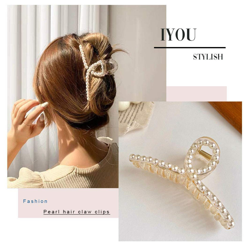 IYOU French Pearl Hair Claw White Large Plastic Banana Clips Hair Claw Clips Thick Nonslip Outdoor Hair Jaw Clips for Women and Girls(3Pcs) - BeesActive Australia