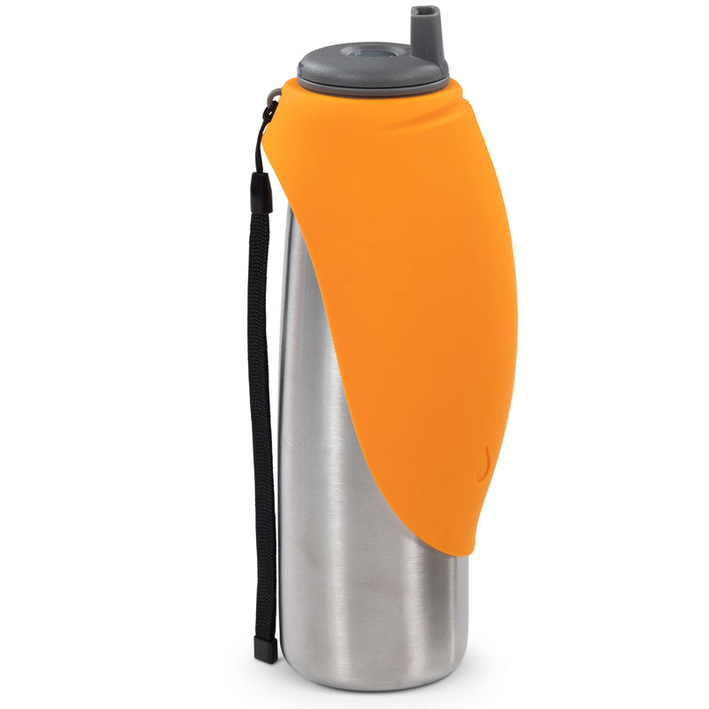 Messy Mutts Double Wall Vacuum Insulated Stainless Steel Travel Water Bottle with Silicone Flip Up Bowl | Pet Travel Necessity | Camping, Hiking, Walking Accessory | 20 oz / 600mL | Orange - BeesActive Australia