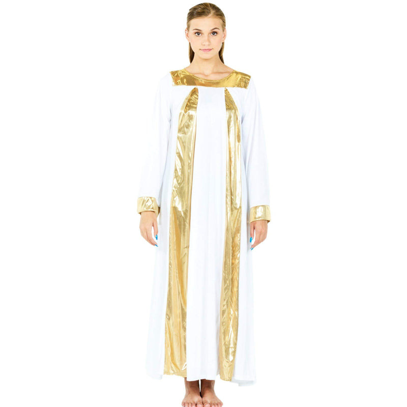 [AUSTRALIA] - Danzcue Praise Symmetrical Long Sleeve Dress, White-Gold, L-XL-Adult 