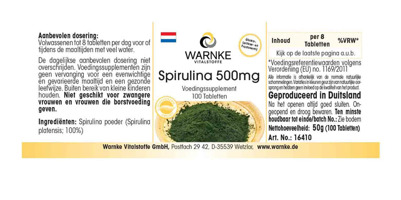Healthy Products Spirulina, 500�mg, Spirulina Algae Powder, Chlorophyll 100�Tablets, Pure Powder No Additives, Vegi 31�g Pack of 1 | Warnke Vitalstoffe - BeesActive Australia