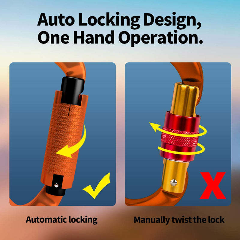 FVW Auto Locking Rock Climbing Carabiner Clips,Professional 25KN (5620 lbs) Heavy Duty Caribeaners for Rappelling Swing Rescue & Gym etc,Large Carabiners,D-Shaped 3pcs-orange - BeesActive Australia