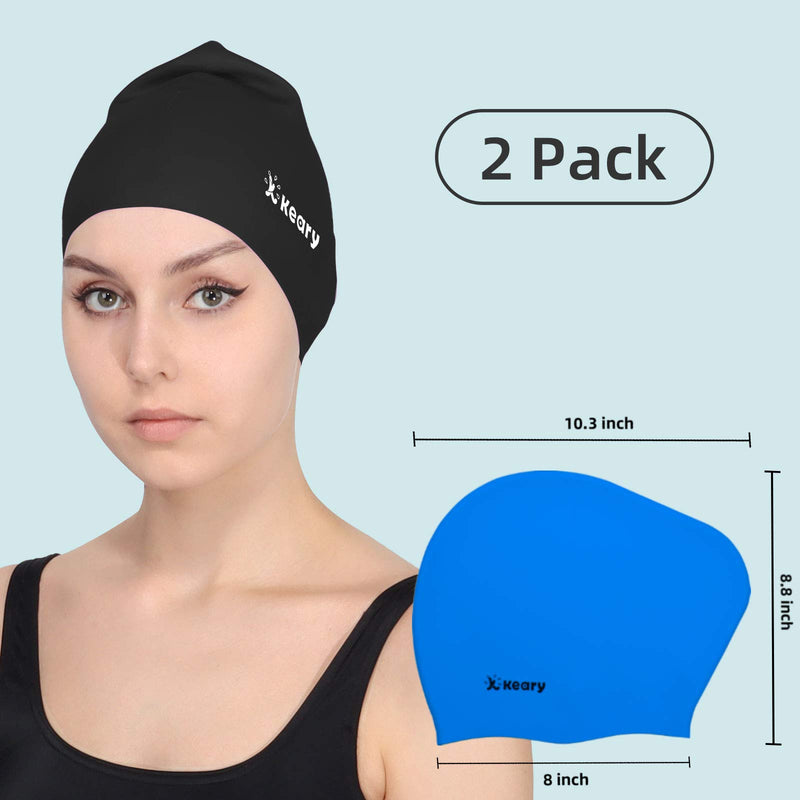 Keary 2 Pack Updated Silicone Swim Cap for Long Hair Women Girl Waterproof Bathing Pool Swimming Cap Cover Ears to Keep Your Hair Dry, 3D Soft Stretchable Durable and Anti-Slip, Easy to Put On and Off Black & Blue【M】 - BeesActive Australia