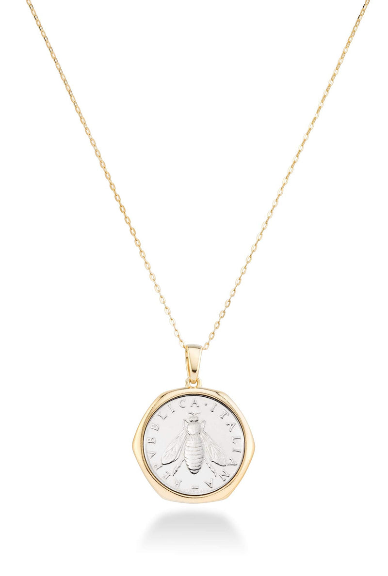 Miabella 18K Gold over Sterling Silver Italian Genuine 2-Lira Bee Coin Pendant Necklace for Women 18 Inch Chain, Gold Medallion Necklace Made in Italy - BeesActive Australia
