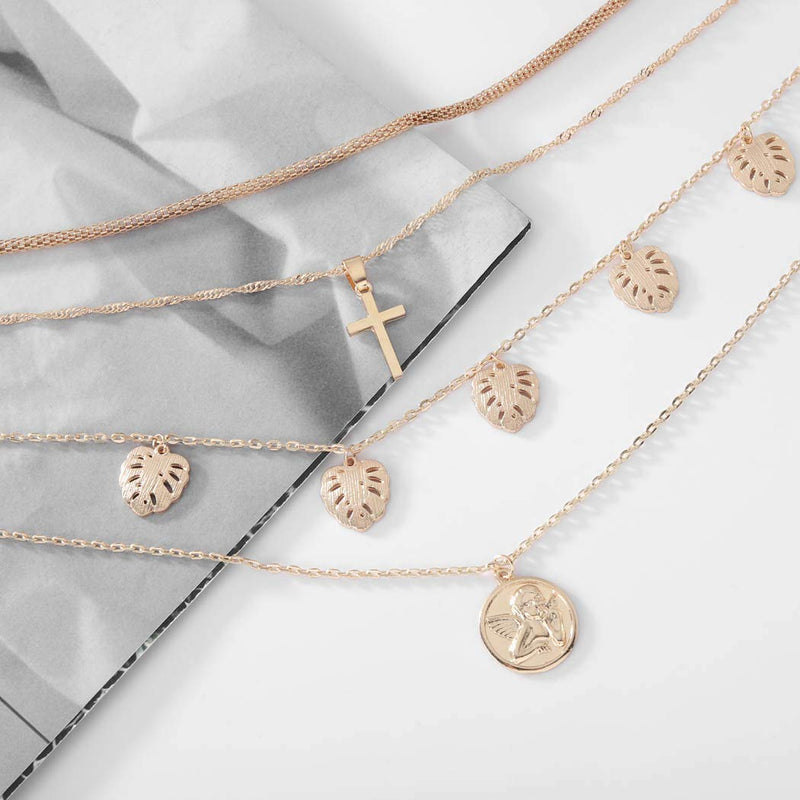 Jovono Multilayered Leaf Cross Pendant Necklaces Boho Coin Necklace Chain Jewelry for Women and Girls (Gold) - BeesActive Australia