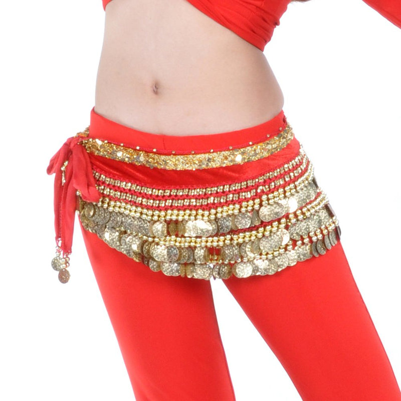 [AUSTRALIA] - BellyLady Multi-Row Gold Coins Belly Dance Skirt Wrap & Hip Scarf, Gift Idea Green 
